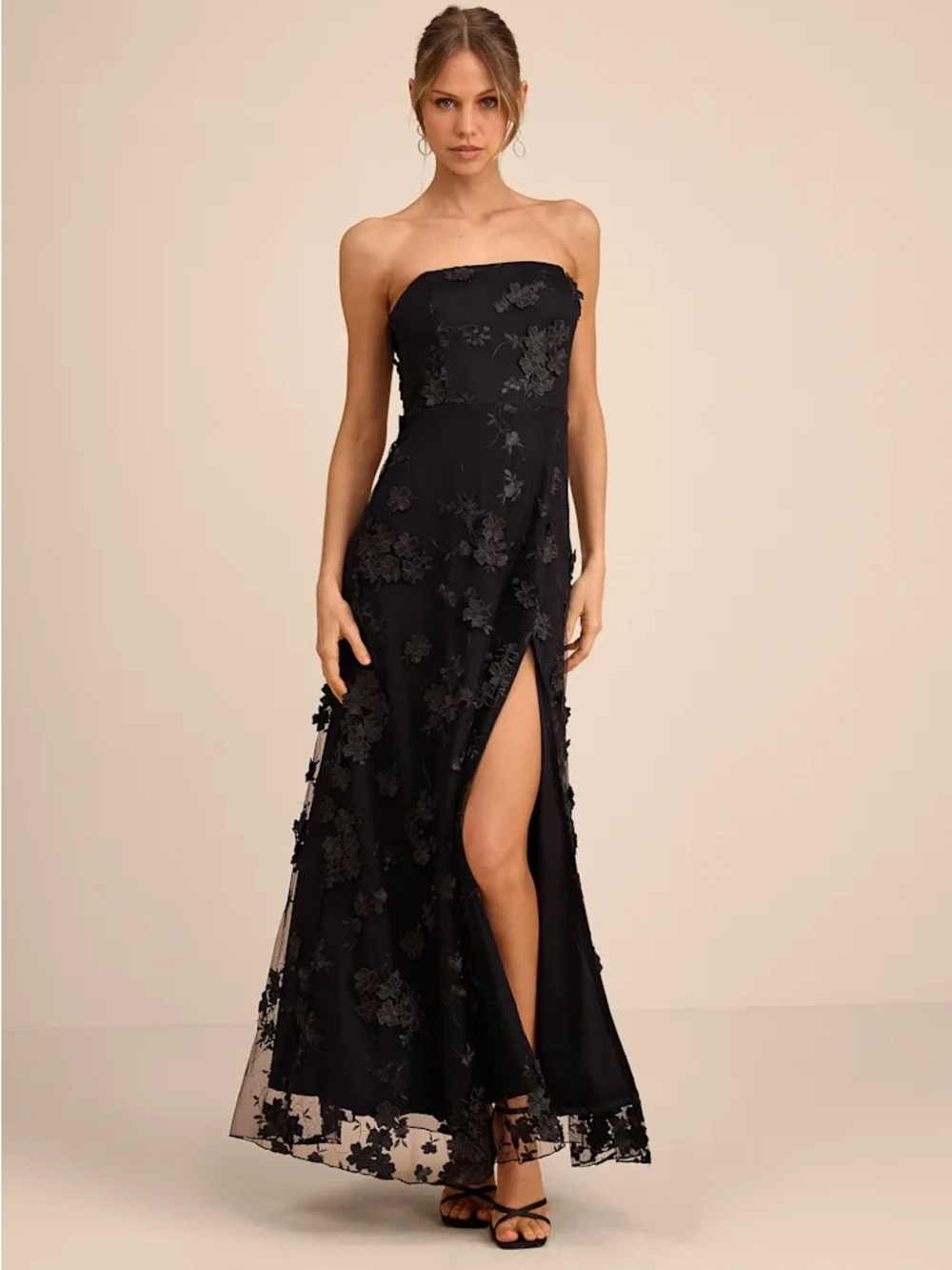 Lulu's Black Strapless Floral Appliqué Evening Gown with Thigh Slit